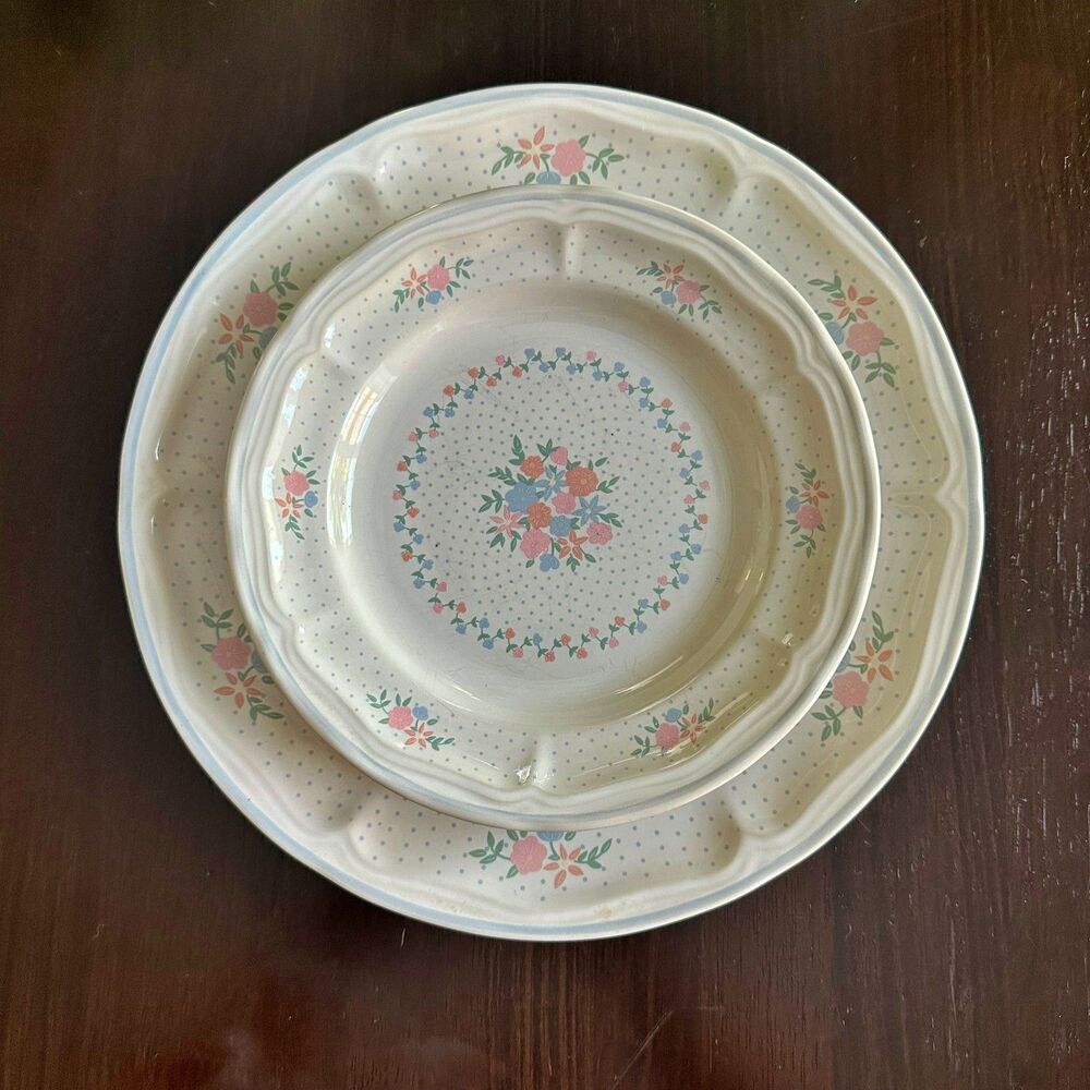 Vtg 1988 (3 Pc) Dinner & Salad Plate Set Newcor Corsage Stoneware made: Thailand